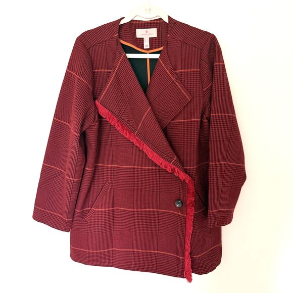 Laurie Felt Zoe Plaid Knit Fringe Trim Button Front Wrap Clueless Preppy Coat S - Picture 2 of 12